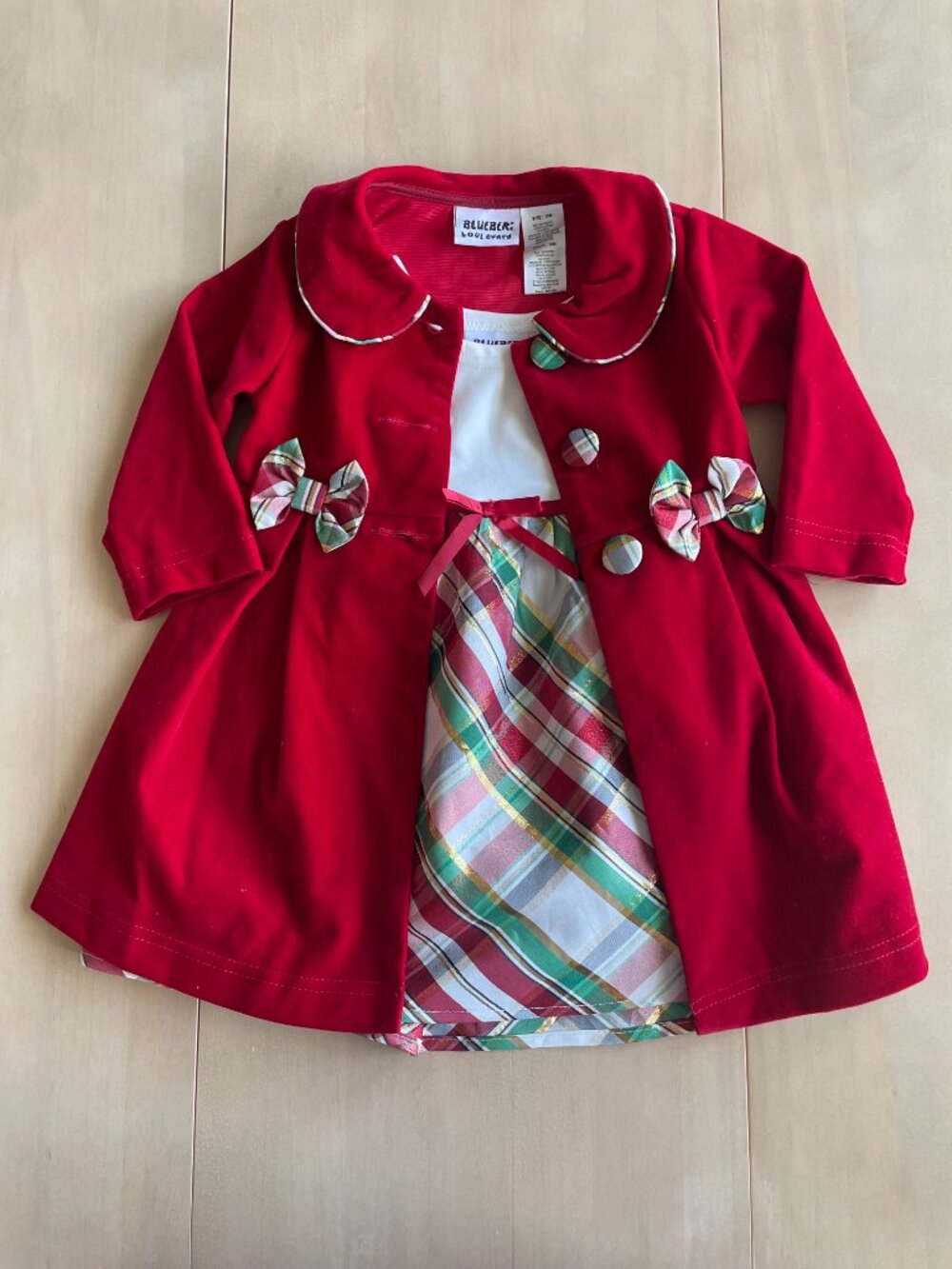 Entire Closet $5! Blueberi Boulevard Red Coat Plaid Christmas Dress Set Baby - Picture 2 of 8